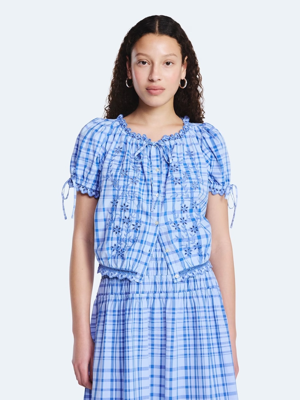 Smocked Blue Plaid Peasant Blouse with Embroidery